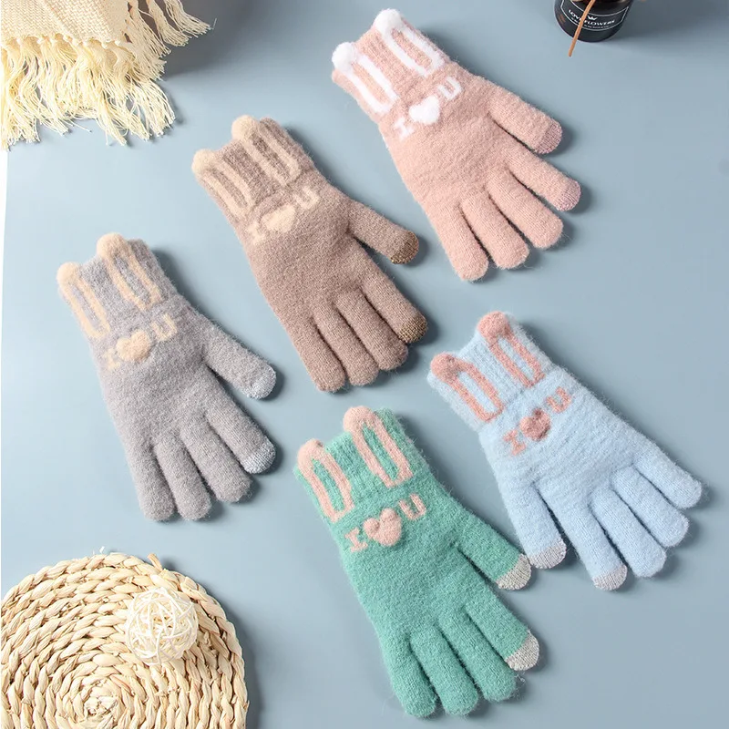 

Winter Knitting And Velvet Warm Gloves Thick Sports Riding Five-finger Touch Screen Gloves For Ladies/youth Students 1 Pair