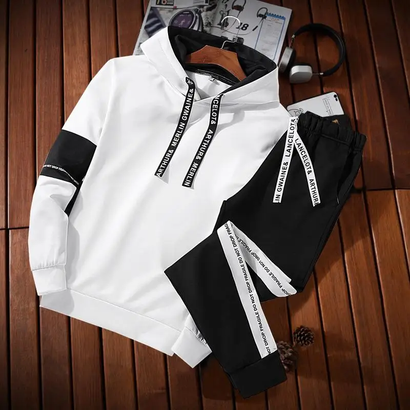 Wei Schwarz Mnner толстовки Набор Mode 2019 Herbst Marke Lssige Herren Gesetzt Sport Zwei Stck Лоскутная Толстовка с