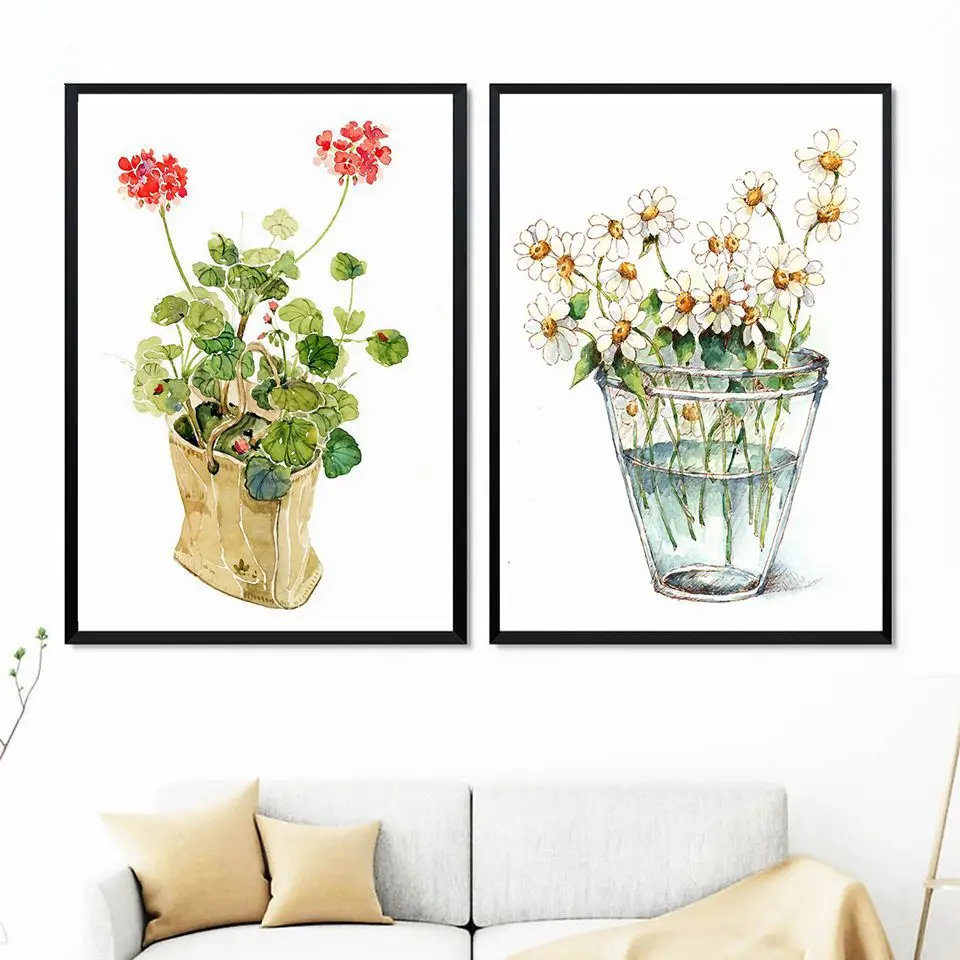 Sunflower Daisy Nordic Style Art Flowers Green Potted Plant Painting living Room Wall Canvas Print Nord Home Decor Sacred Simple | Дом и сад