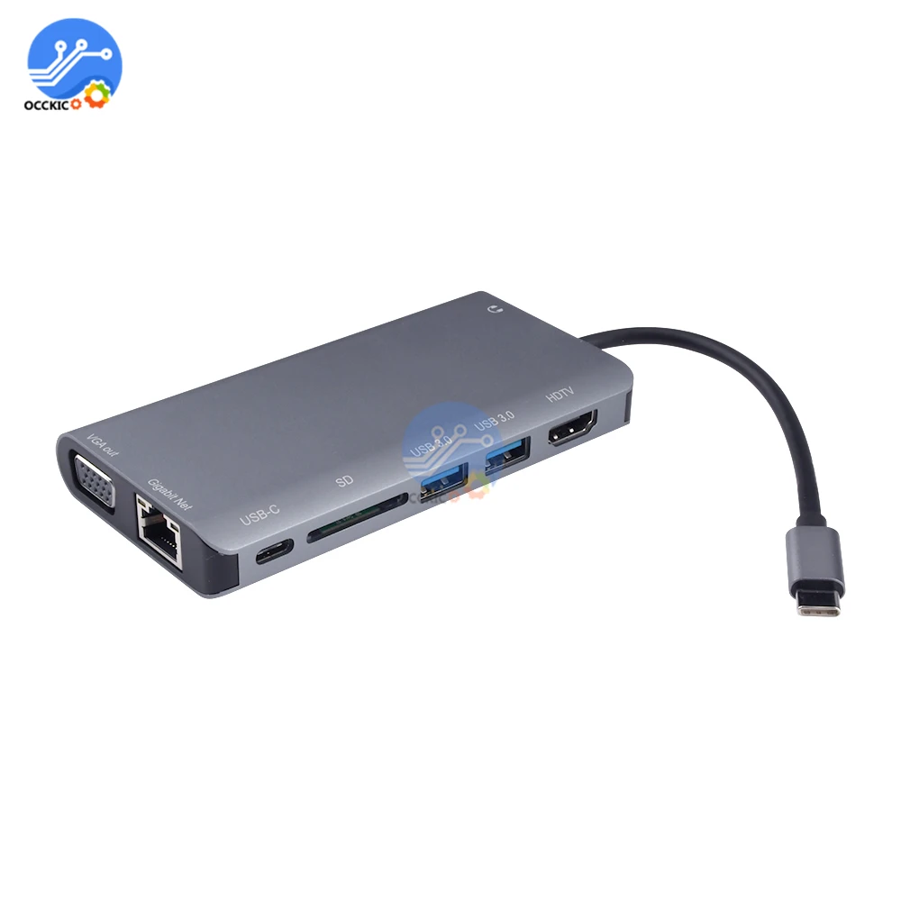 Tipo-c para Hdmi Porto + pd Compatível + Vga + Usb3.0 + Leitor de Cartão sd + Gigabit Usbc Ethernet Usb-c Hdtv Encaixe 8-em-1 Conversor Hub Nat