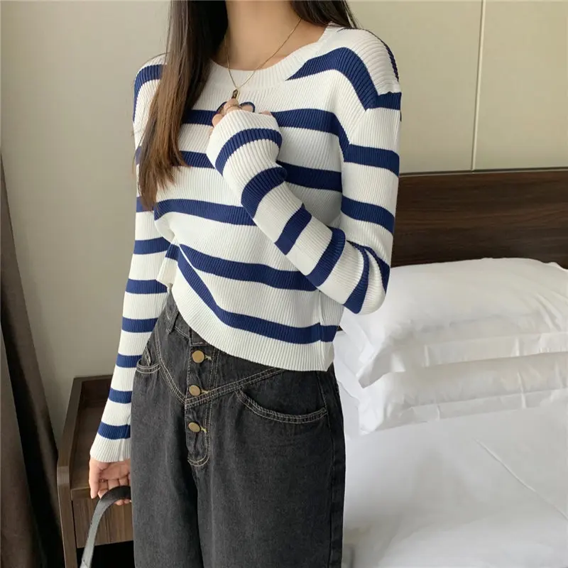 

Spring Autumn England Vinatge Striped O-neck Oversize Loose Cotton boyfriend Hoodies Women Knitting Pullovers Bottoming Tops