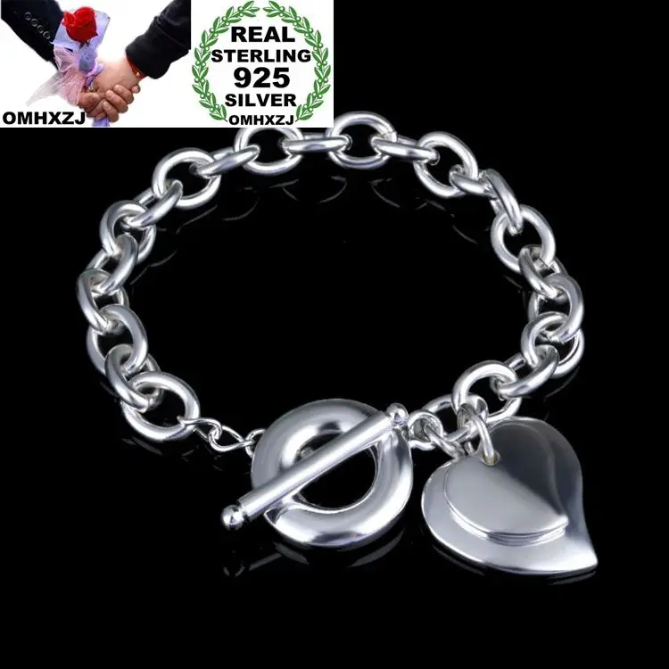 

OMHXZJ оптовая продажа индивидуальный модный женский подарок для девушки серебряное сердце круги цепочка 925 стерлинговое серебро браслет-манжета BR209