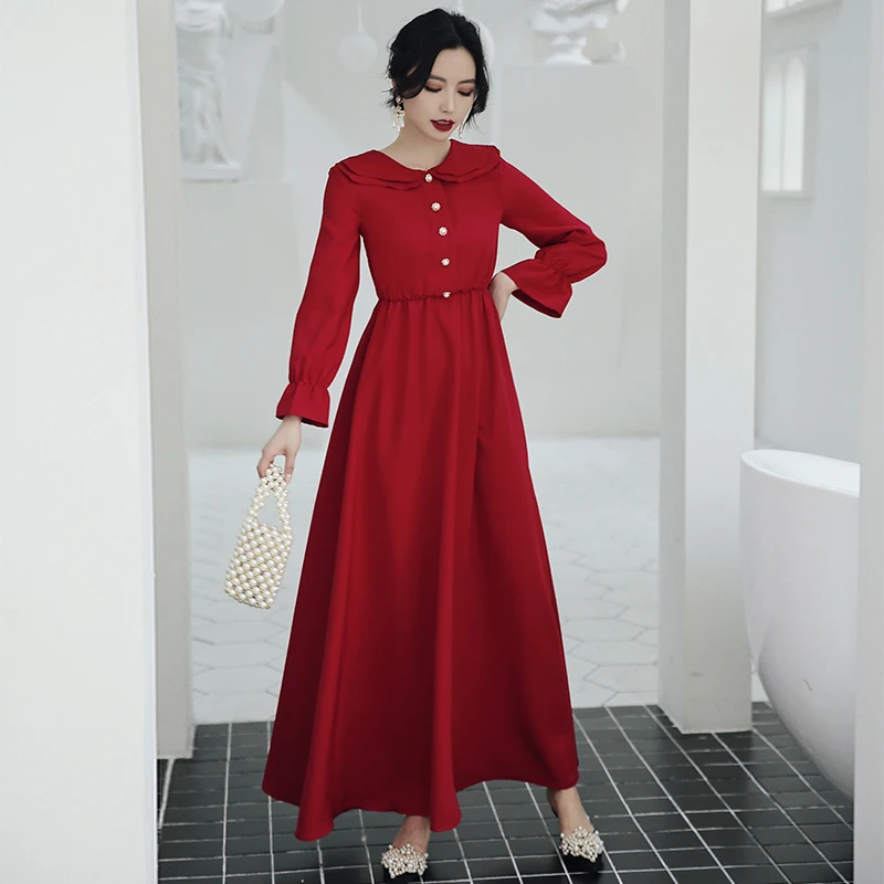 

Burgundy O-Neck Evening Dress Ruched Full Sleeves Button Simple Ankle-Length A-Line Fashion Plus Size Women Formal Gowns D632
