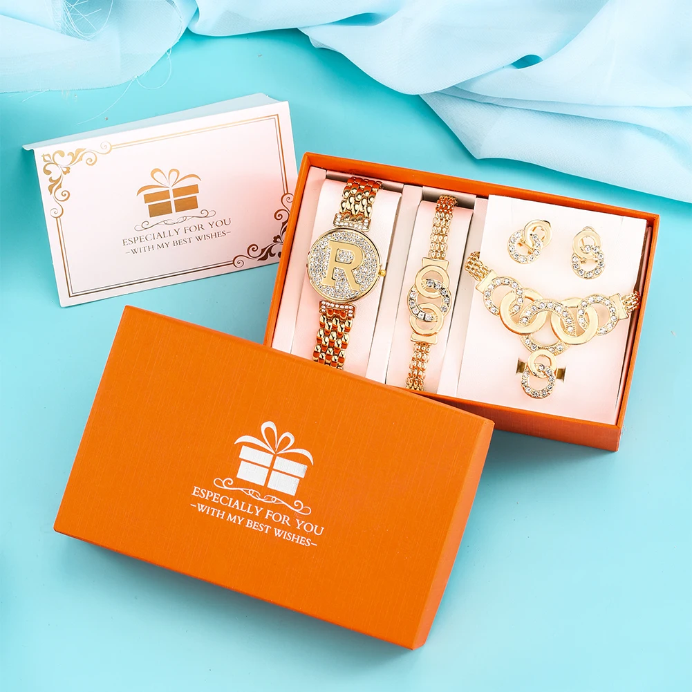 

Роскошные женские часы, изысканная Подарочная коробка, набор кварцевых наручных часов с браслетом с кристаллами, ожерелье, серьги, кольцо, ювелирные изделия, аксессуары