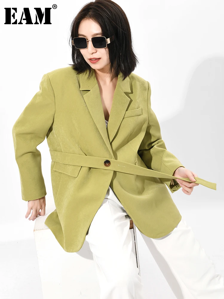 

[EAM] Women Bandage Big Size Green Blazer New Lapel Long Sleeve Loose Fit Jacket Fashion Tide Spring Autumn 2021 1DE049606