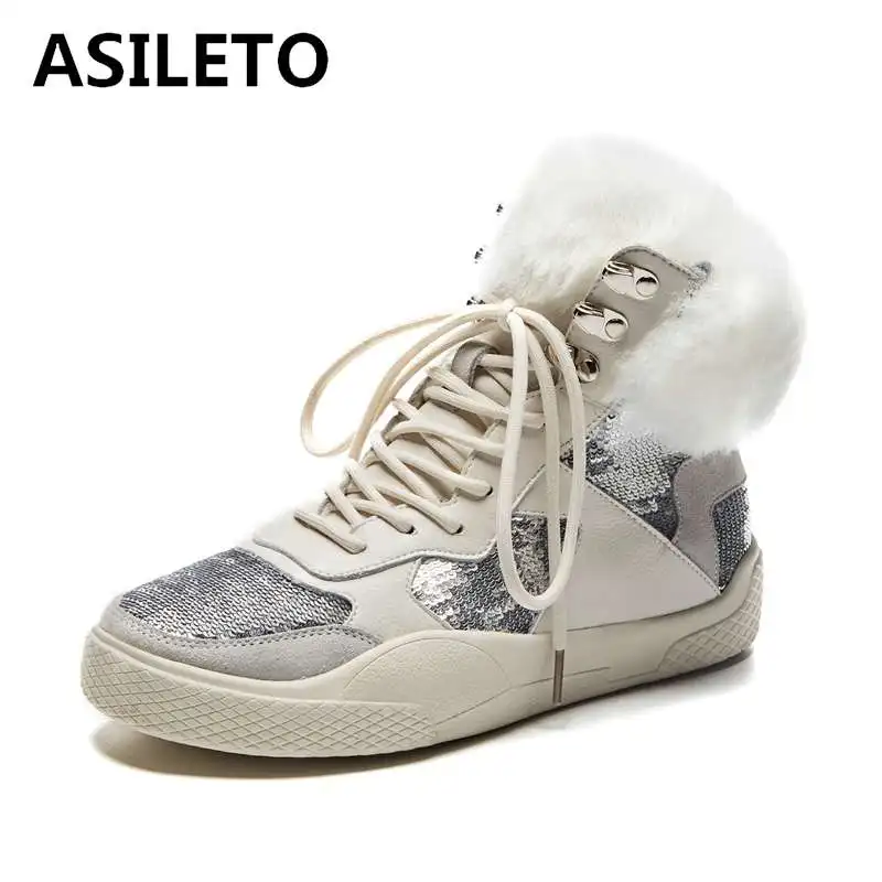 

ASILETO brand new winter snow boots for women cross tied warm fur plush ankle booties zapatos sequined rivet bottes bottines