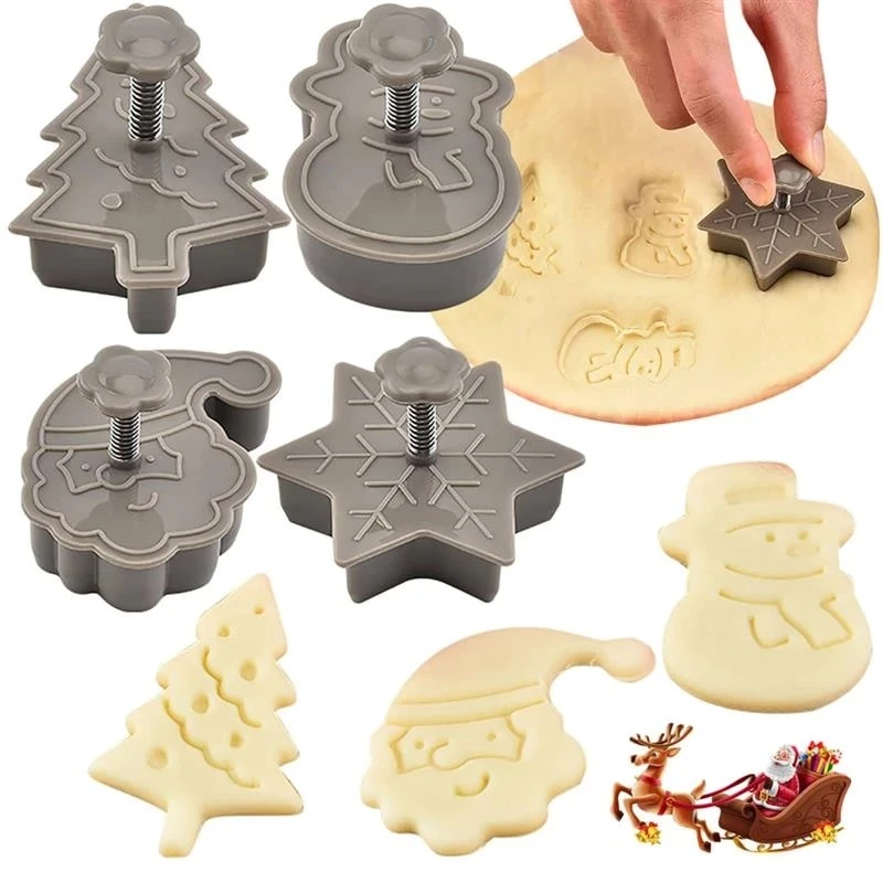 

4Pcs Christmas Cookie Mold 3D Spring Pressing Cookie Baking Mold Tree Santa Claus Snowman Snowflake Shape Biscuits Cutter Tools