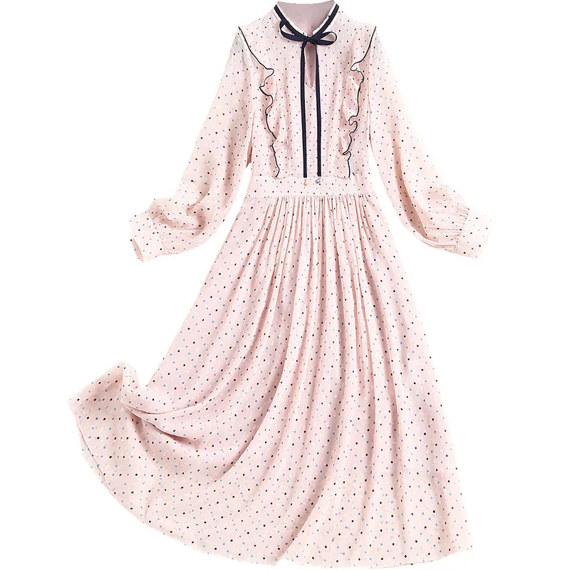 

Shuchan Pink Sweet Summer Dress Dot Ruffles Mid-Calf Beautiful Dresses Long Sleeve Vestido Largo Fiesta Noche Elegante Encaje