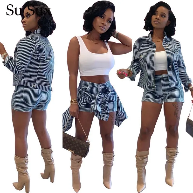 

Casual Striped Two Piece Set Tracksuit Women Long Sleeve Jacket Top&Short Pants Set Outfits Plus Size 2 Piece Set Female Vestido