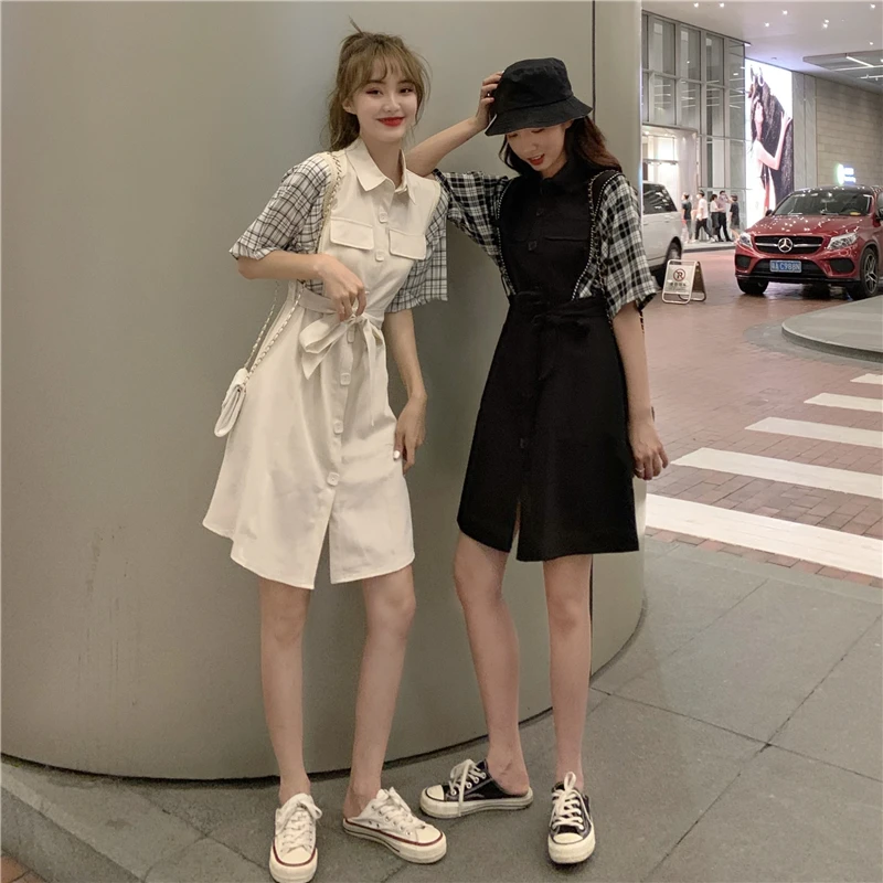 

College Style Fake Two-Piece Cinched Slimming Short Sleeves Dress Small Fairy Lady Super Fairy Mori Style Design Sense Niche