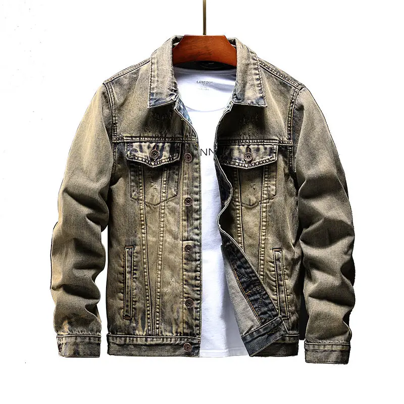 

Embroidered Flower Branch Crane Denim Jacket Chinese Style Retro Washed Old Design Denim Coats Multi-pocket Street Cool