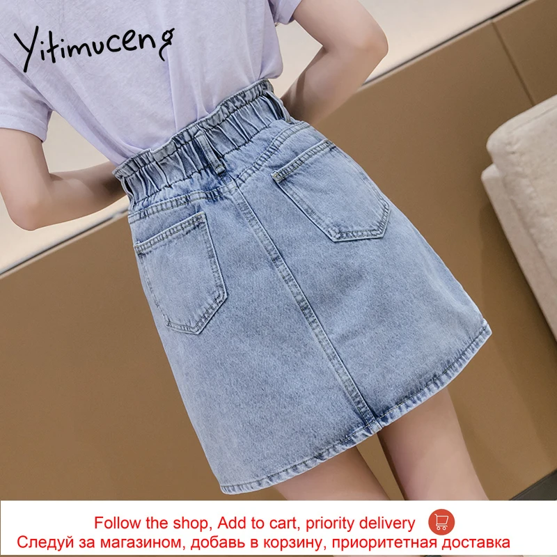 

yitimuceng denim skirt korean casual empire elastic waist blue mini skirt button high waist plus size A-Line harajuku jean skirt