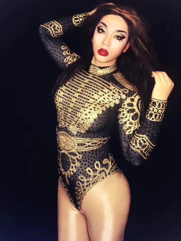 Сексуальный женский Блестящий боди черного и золотого цвета со стразами в стиле