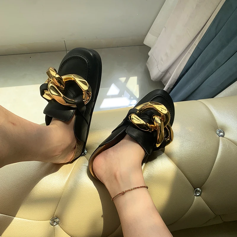

2021New Runway Gold Chains Women Slippers Thick Sole Flats Dress Mules Lazy Loafers Platform Shoes Woman Autumn Slipper