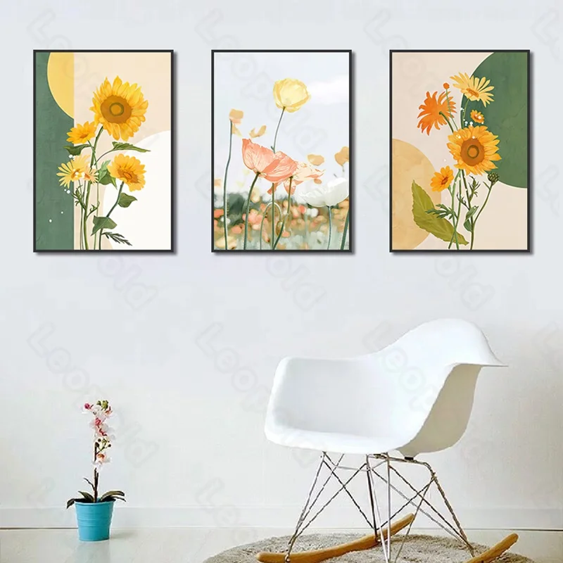 

Cartoon Style Mural Sunflower and Pink Tulip Frameless Poster Home Bedroom Fresco Living Room Decoration Canvas Painting Print