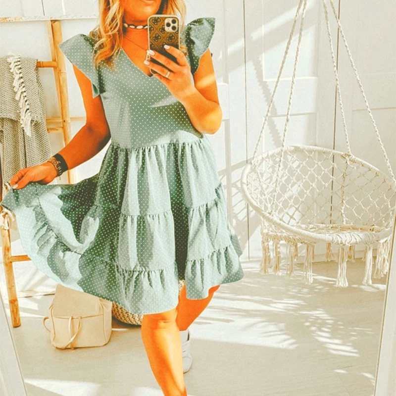 

2020 Women New Summer Sundress Casual Ruffles Sleeves V-neck Dot Boho Party Vestidos Elegant Mini Dresses Fashion Vestidos