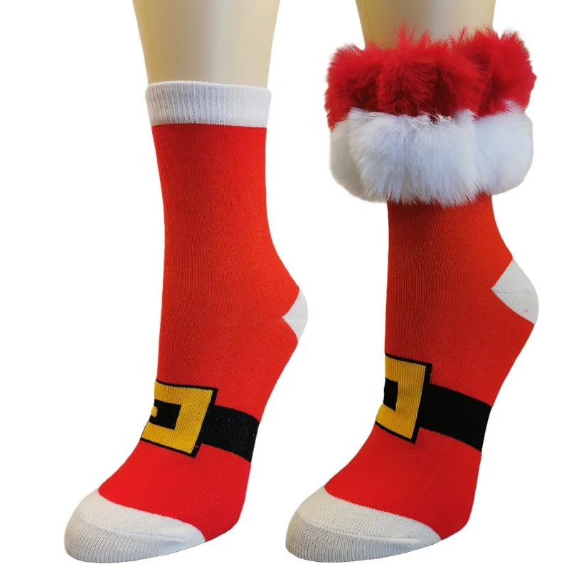 

Xmas Cosplay Red Fluffy Fur Cotton Ankle Christmas Socks for Women