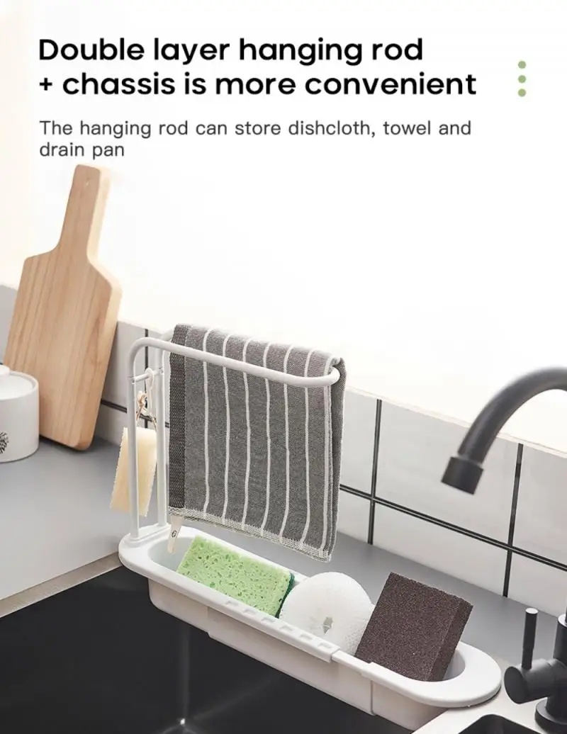 

Extendable storage drain basket with towel bar drain rack soap sponge drain rack faucet rack adjustable bracket