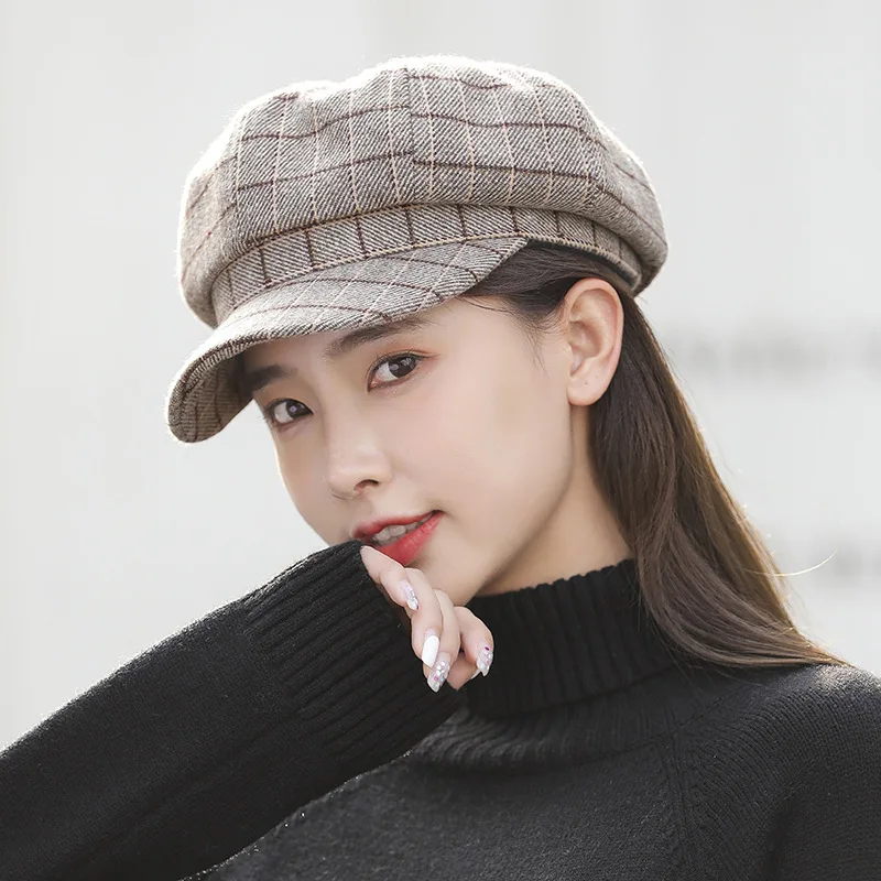 

Beauty Autumn And Winter Plaid Fashion Octagonal Hat British Korea Simple Style Wholesale Berets Women's Cap Easy Matching