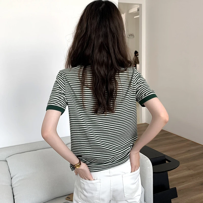 

Lucyever Summer Striped Knitted Women's T Shirt 2021 New Fashion Solid Chic Short Sleeve T-shirt Korean Casual O Neck Tees Tops