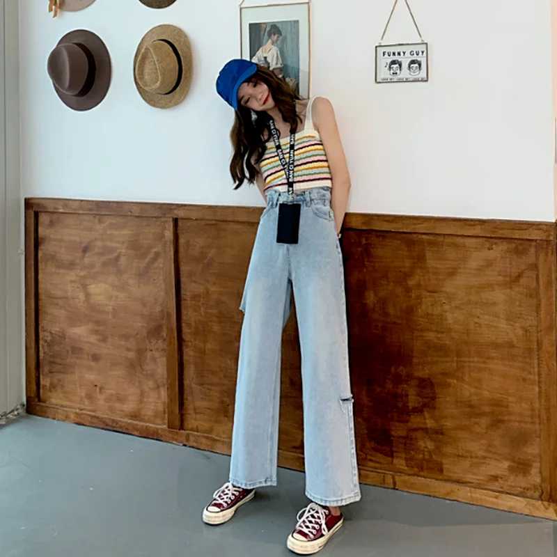 

High Waisted Jeans Women All-match Straight Loose Denim Trousers Vintage Retro Trendy Ripped Jean for Womens Korean Style Casual
