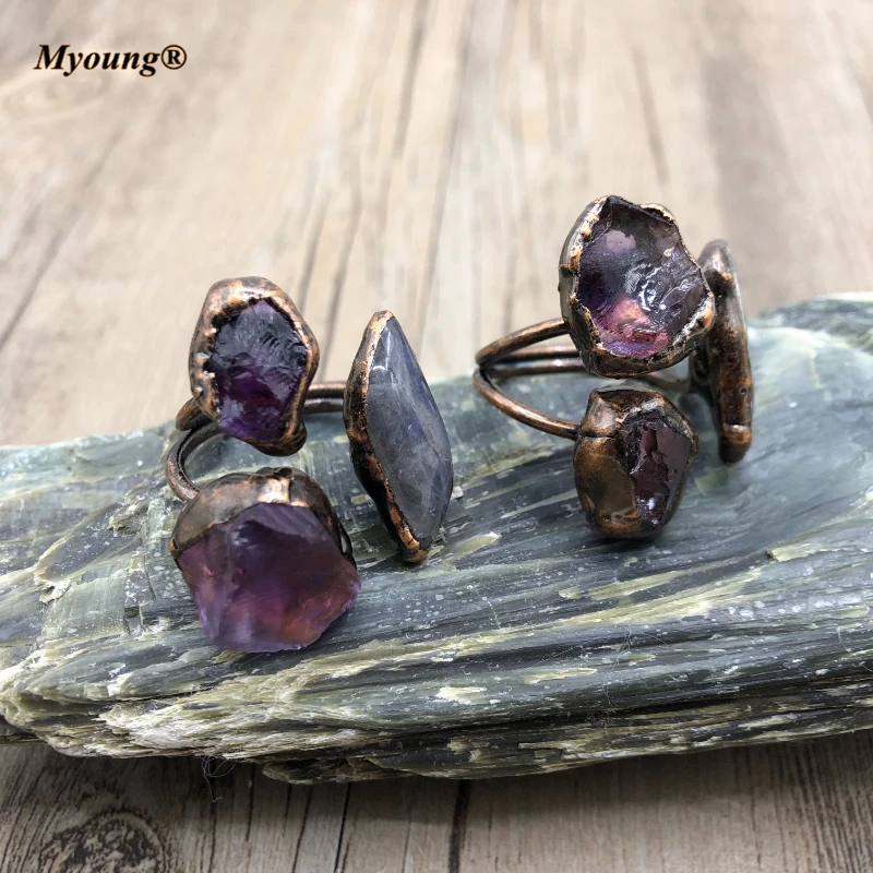 

Boho Vintage Three Stones Ring Natural Amethysts Quartz Labradorite Antique Copper Adjustable Rings For Women Jewelry MY210431