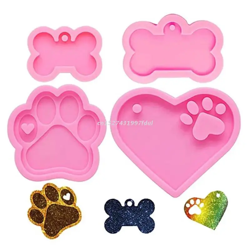 

4 Pcs Dog Paw Bone Keychain Epoxy Resin Mold Necklace Pendant Silicone Mould DIY Crafts Jewelry Casting Tools