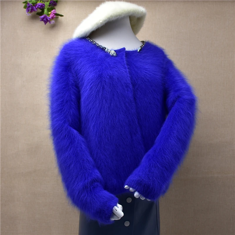 

Зимний теплый Однотонный свитер, кардиганы, женская Норковая кашемировая вязаная одежда с длинным рукавом, меховое пальто из меха кролика и ангоры, куртки, синий