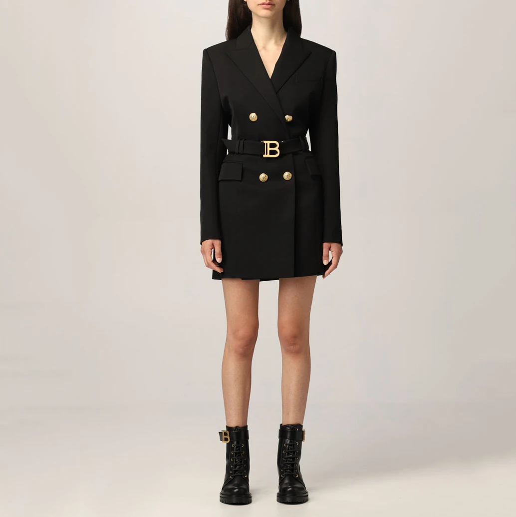 

2021 autumn fashion high-end women's temperament waist slimming metal double-breasted B letter button long-sleeved suit dress