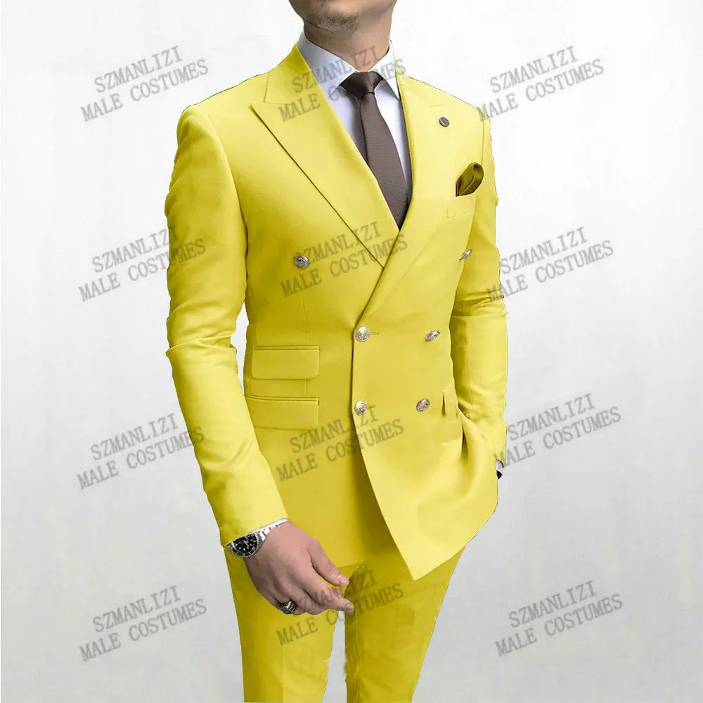 Latest Coat Pant Designs Yellow Men Suits Double Breasted Groom Tuxedo Terno Masculino Wedding Party Prom Costume Homme 2 Pieces