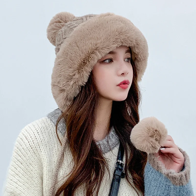 

New Fashion Plush Pompom Thicken Hats For Women Girls Winter Warm Thicken Hats With Earmuffs Windproof Snowproof Soft Caps