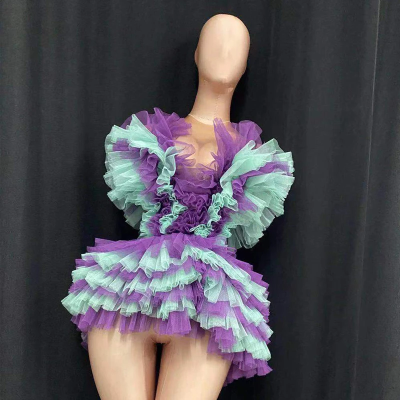 

Sexy Purple Cabbage Print Tutu Dress With Big Gauze Flower Cross Belt Denim Print Bodysuit Short Skirt Gogo Costumes XS2356