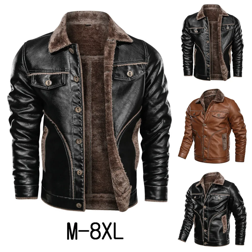 men's fashion winter jacket куртка мужская пуховик Men's Autumn Winter Vintage Turn-down Collar Solid Imitation Leather Coat