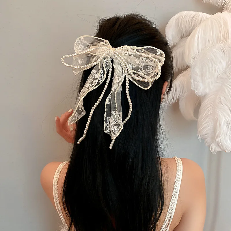 

Korean Big Lace Embroidery Pearl Bow Hair Clips Fashion Retro Long Hairpins Design Barrettes For Women Girls Hair Accessories