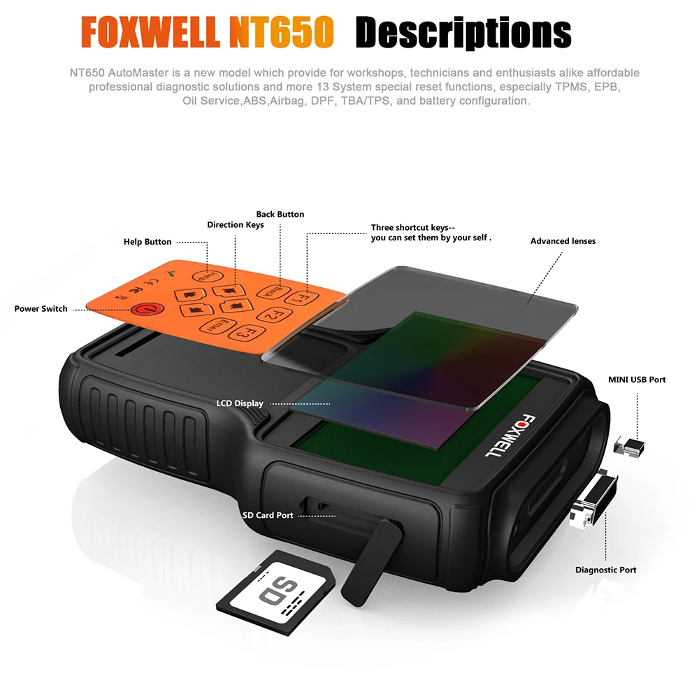 Диагностический инструмент FOXWELL NT650 Elite OBD2 считыватель кодов с ABS подушками