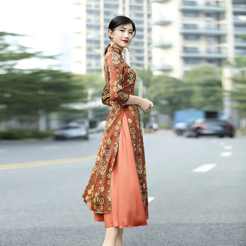 Весенние и осенние модели ретро Тонкое длинное платье Ципао Ao Dai