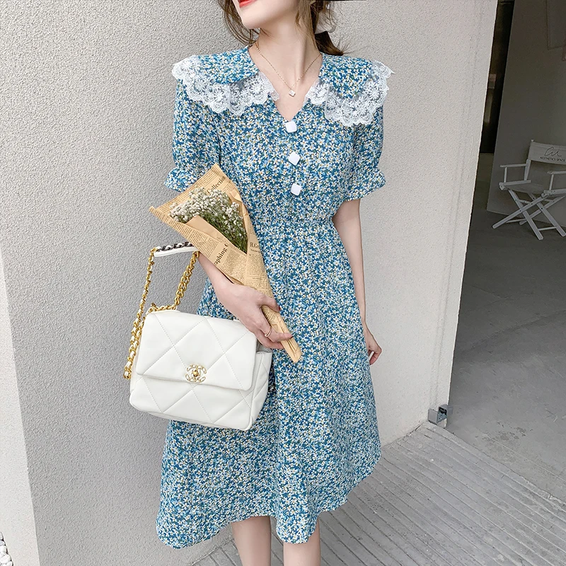 2024 летнее Модное шифоновое кружевное пляжное платье миди с принтом корейское