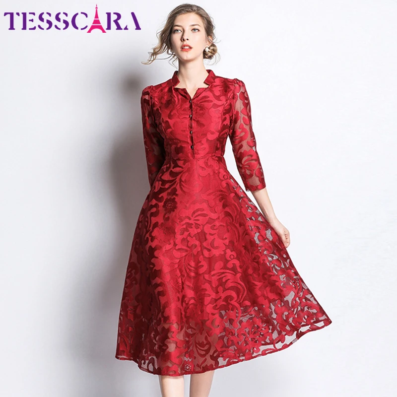 TESSCARA, женское весенне-осеннее элегантное кружевное платье, рубашка для женщин, высокое качество, Винтажный дизайн, красные платья, Длинные офисные вечерние платья