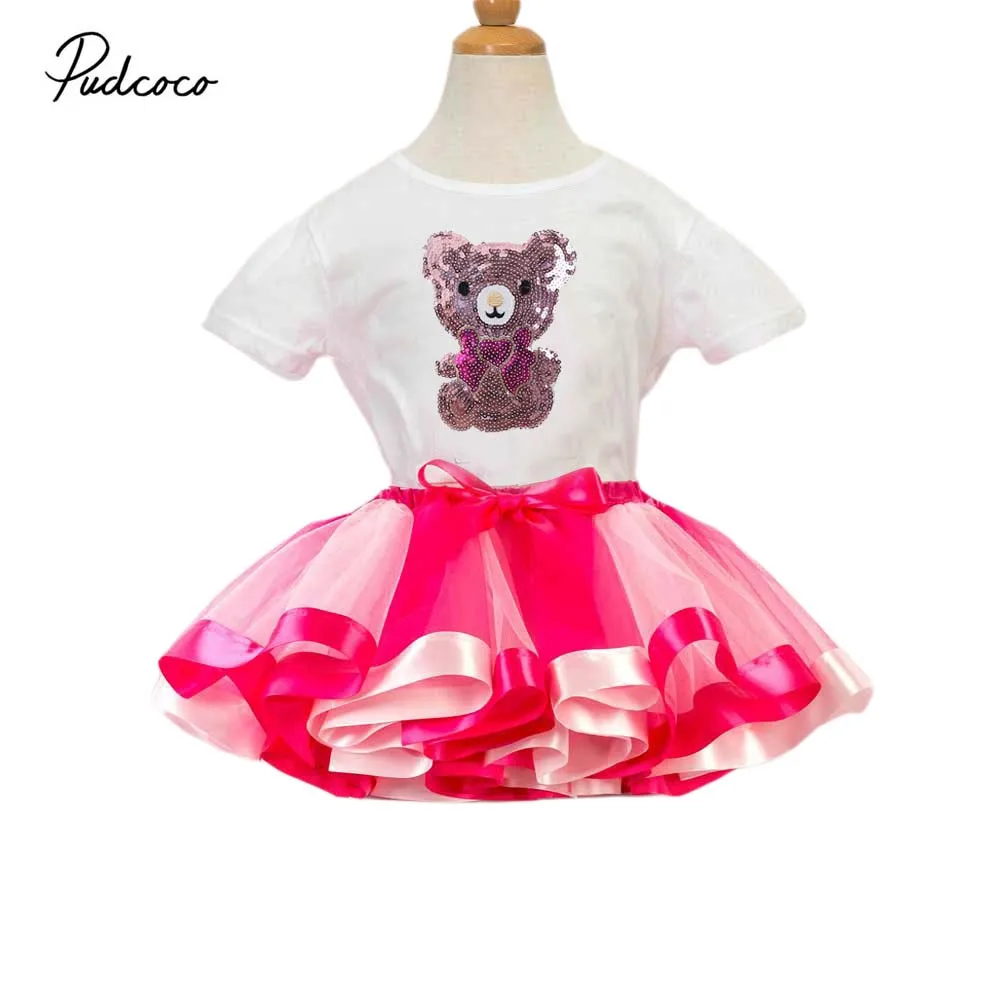 2020 г. милая От 2 до 9 лет Одежда для маленьких девочек наряды с медведем и блестками