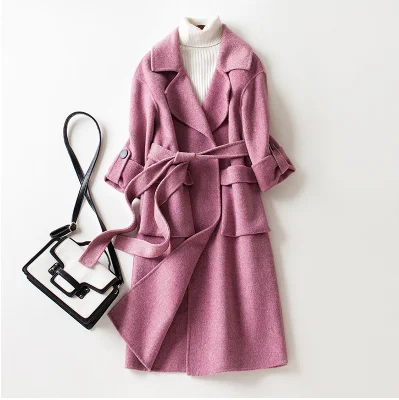 KMETRAM Autumn Winter Alpaca Coat Women Handmade Double-sided Cashmere Slim Long Jacket Ladies Vintage Blue Coats MY543 - Цвет: pink purple