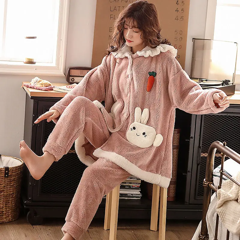 Coral Velvet Sleepwear Rabbit Ears Pajamas Women Autumn and Winter Furry Cute Plus Velvet Thickening Home Service Cute Pijamas