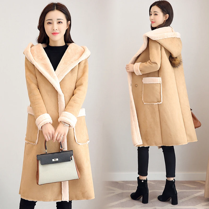 

Fashion Ladies Leather Jacket Faux Suede Coats For Women Autumn Winter Motorcycle Hooded Faux Long Sleeve Fake Sheepskin Coat