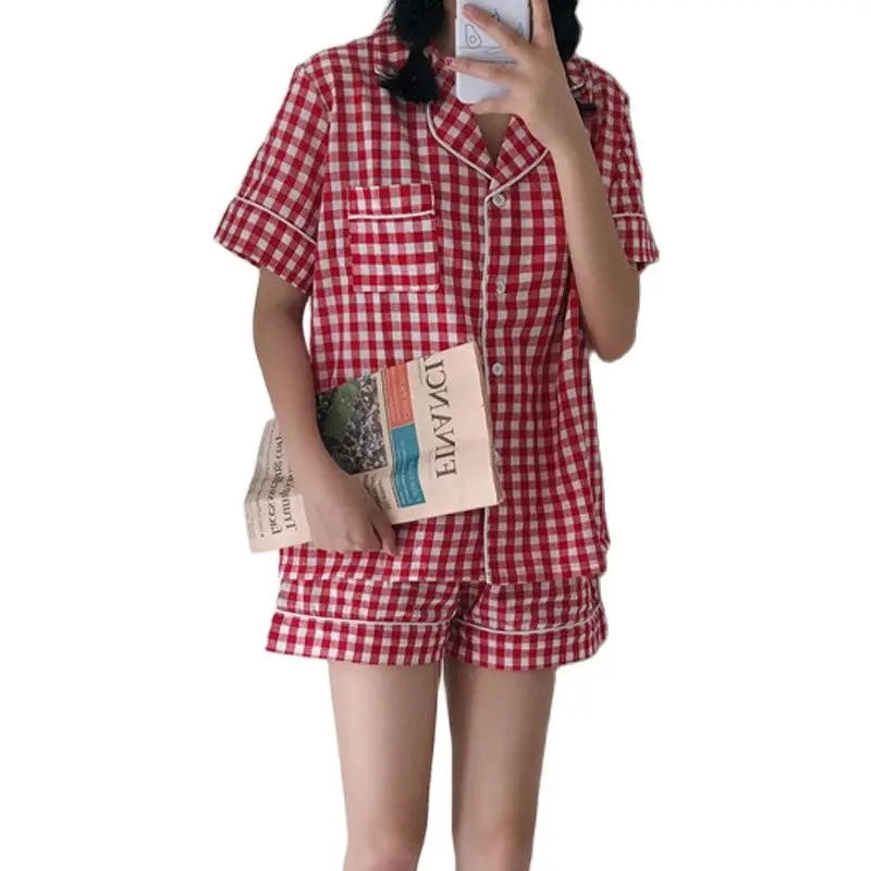 

2PCS Summer Female Plaid Pajamas Suit Lapel Kawaii Home Suit Clothes Vintage Korean Pyjamas Casual Students Outerwear Sleepwear