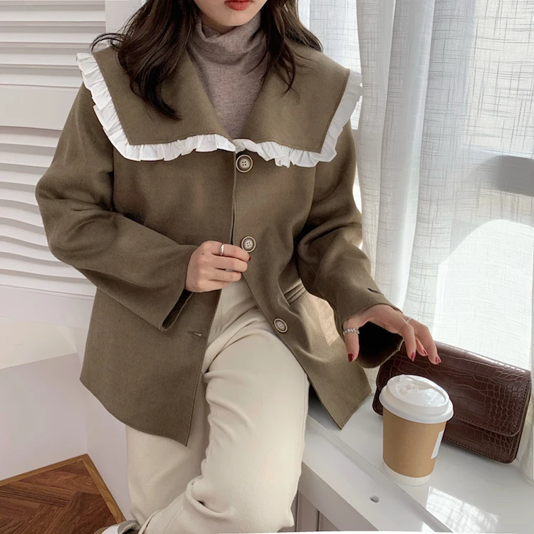 

2021 Women Sailor Collar OL Warm Winter Fashion Gentle Woolen Office Wear Jackets Cashmere Ruffles Sweet Chic Coats