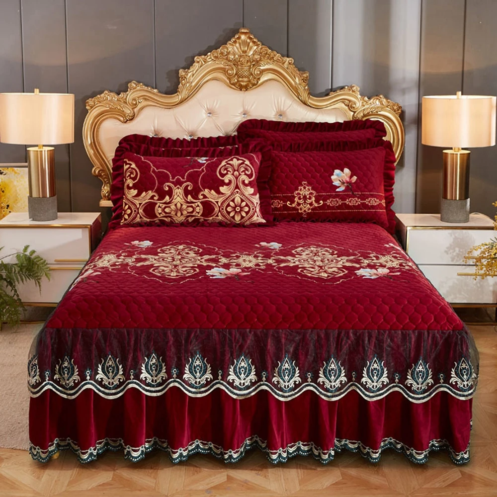 

Coral Velvet Red Print Warm In Winter Bed Skirt High Grade Luxury Bed Cover Skirt Pad Bedspread Not Including Pillowcase