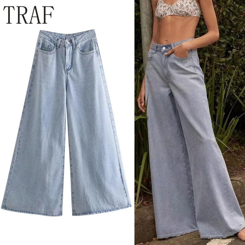 

TRAF Zar 2022 Blue Jeans Woman High Waist Wide Pants For Women Korean Fashion Y2K Denim Trousers Streetwear Baggy Wide Leg Jeans