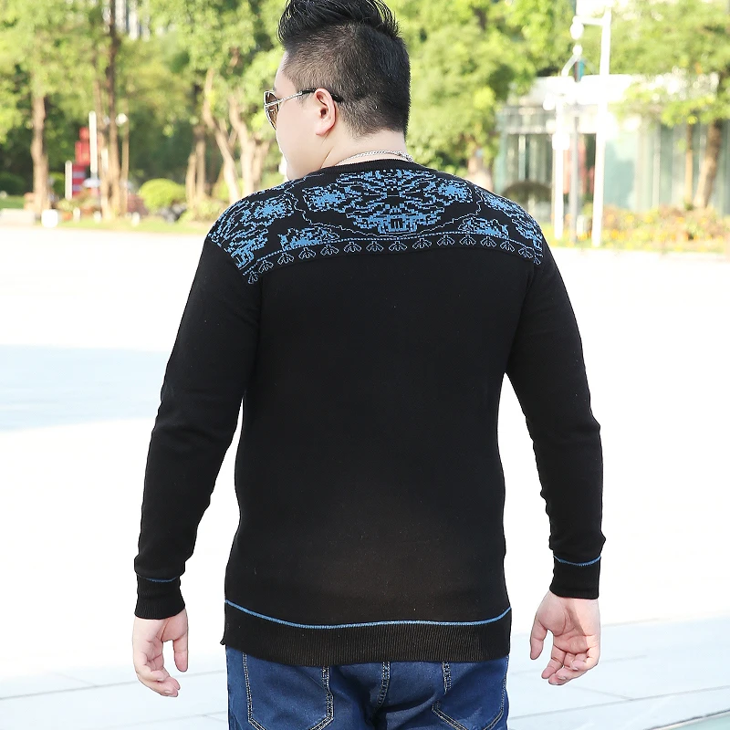 Мужской вязаный полосатый свитер большого размера хлопковый с вышивкой теплый