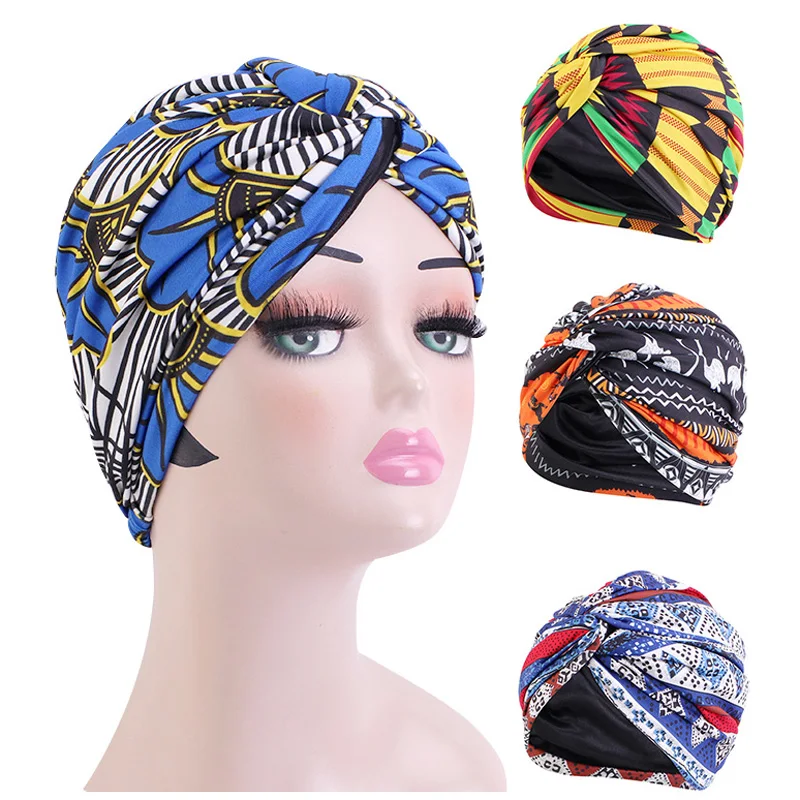 

African Pattern Muslim Women Hijab Satin Linned Twist Double Layer Stretch Turban Indian Cap Hair Care Femme Muslim Headwrap
