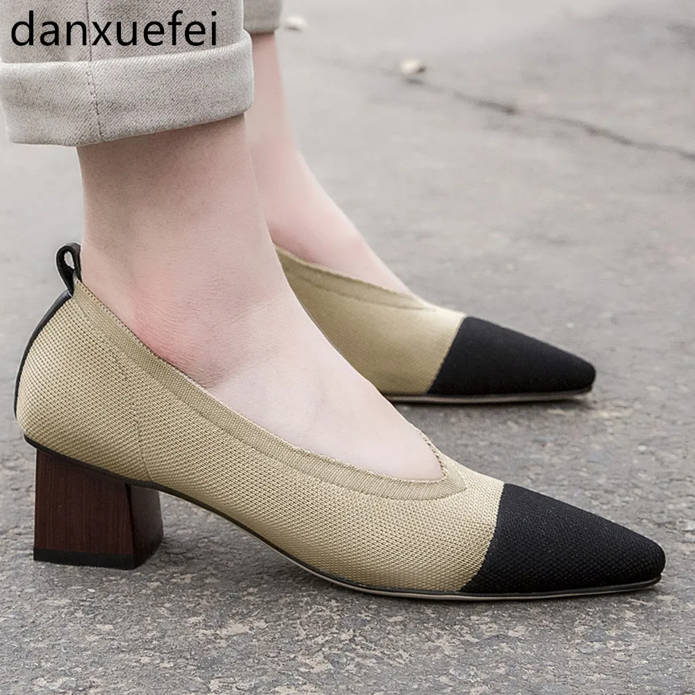 

Туфли женские из натуральной кожи, эластичный трикотаж, высокий толстый каблук, без застежки, v-образный вырез, OL стиль, ретро