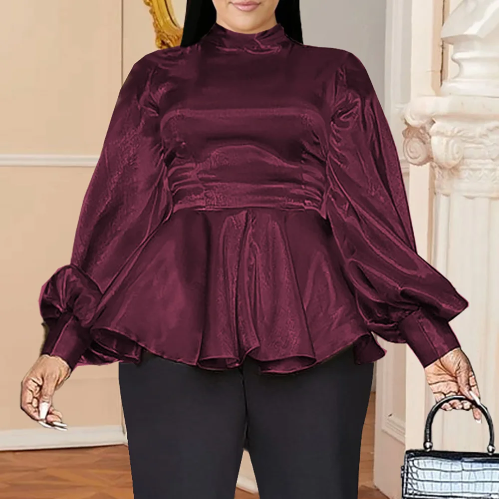 

Dark Red Lantern Sleeve African Women Blouse Elegant Pleated Ruffles Patchwork Autumn Tops Women Shirts Orange Bluas Female